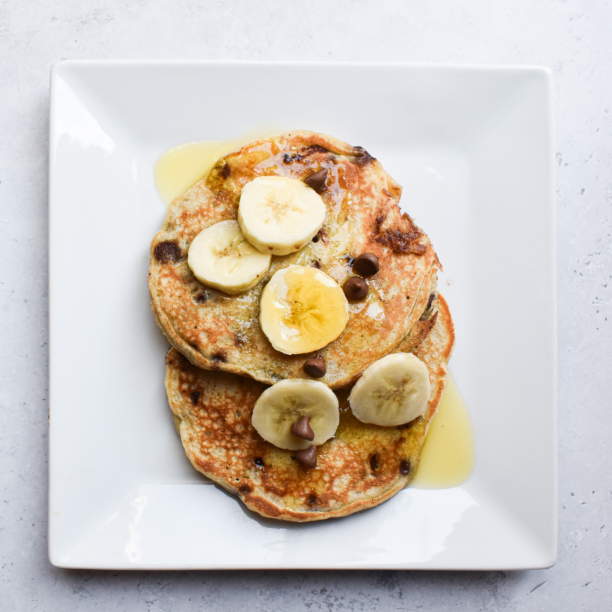 Top view of banana chocolate pancakes.