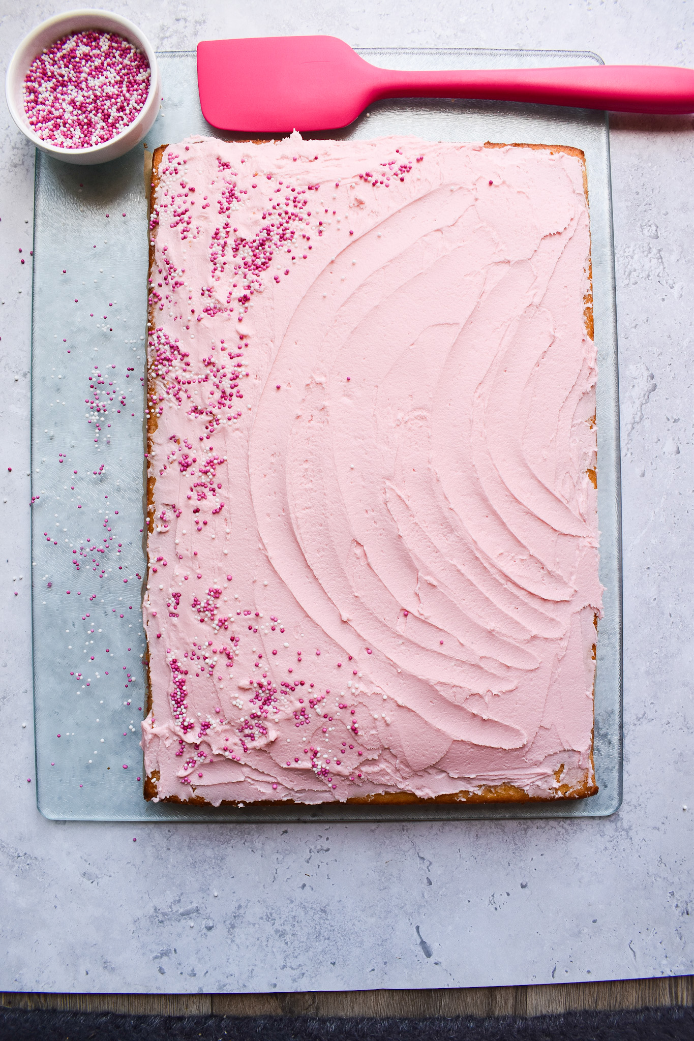 Pink traybake cake.