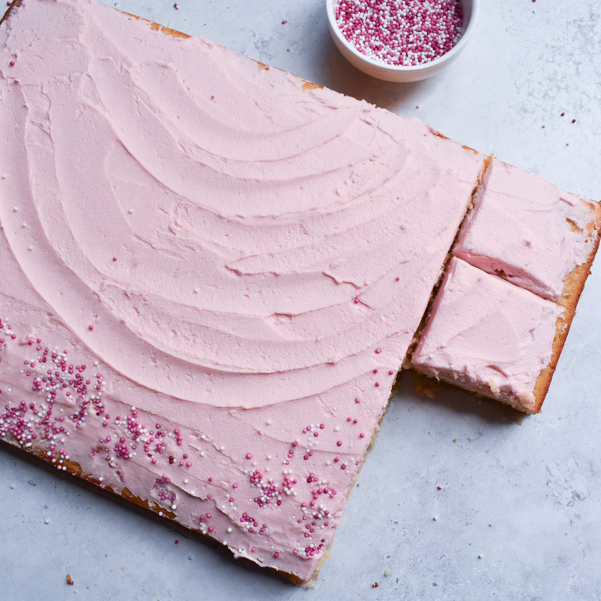 pink traybake cake.