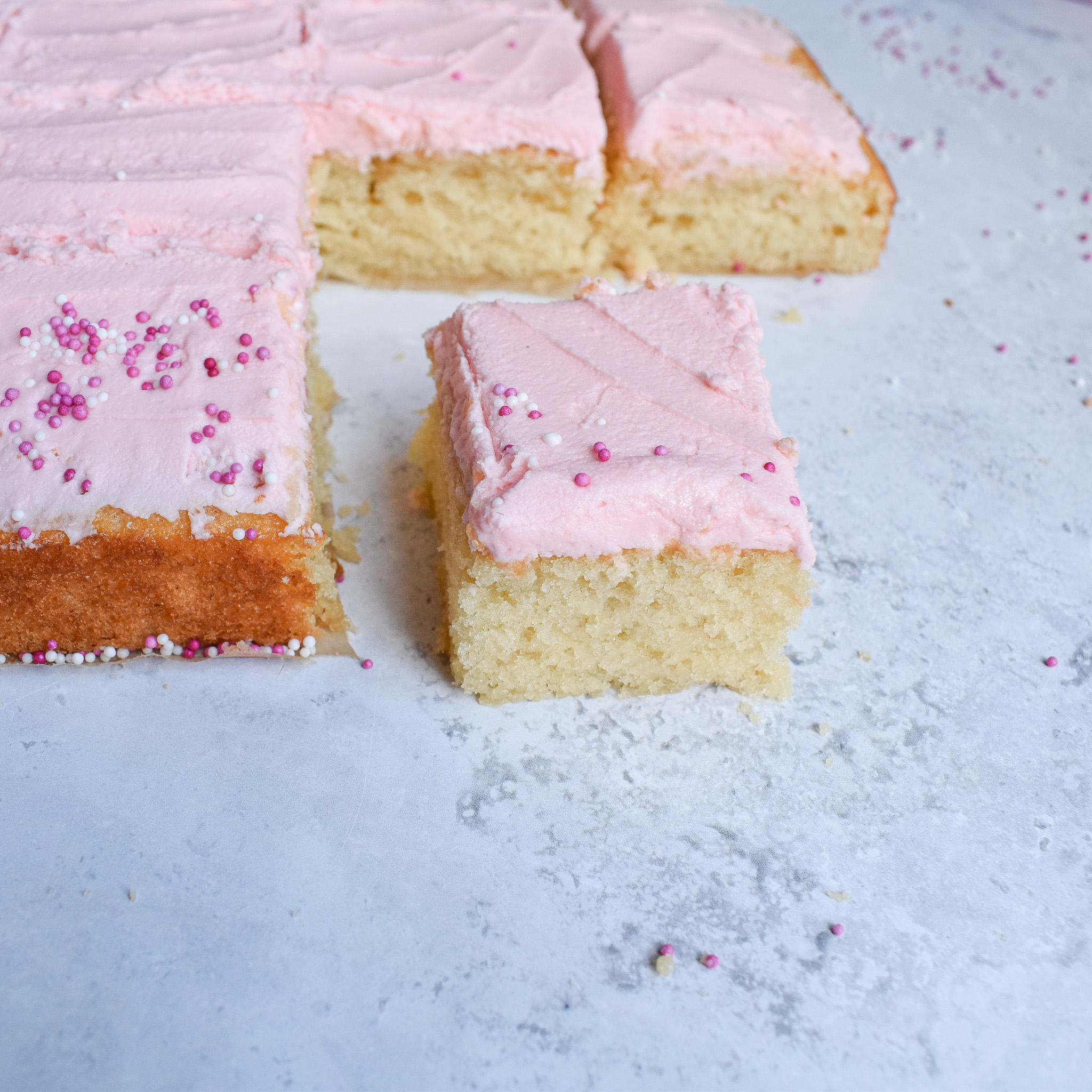 Cut traybake cake.