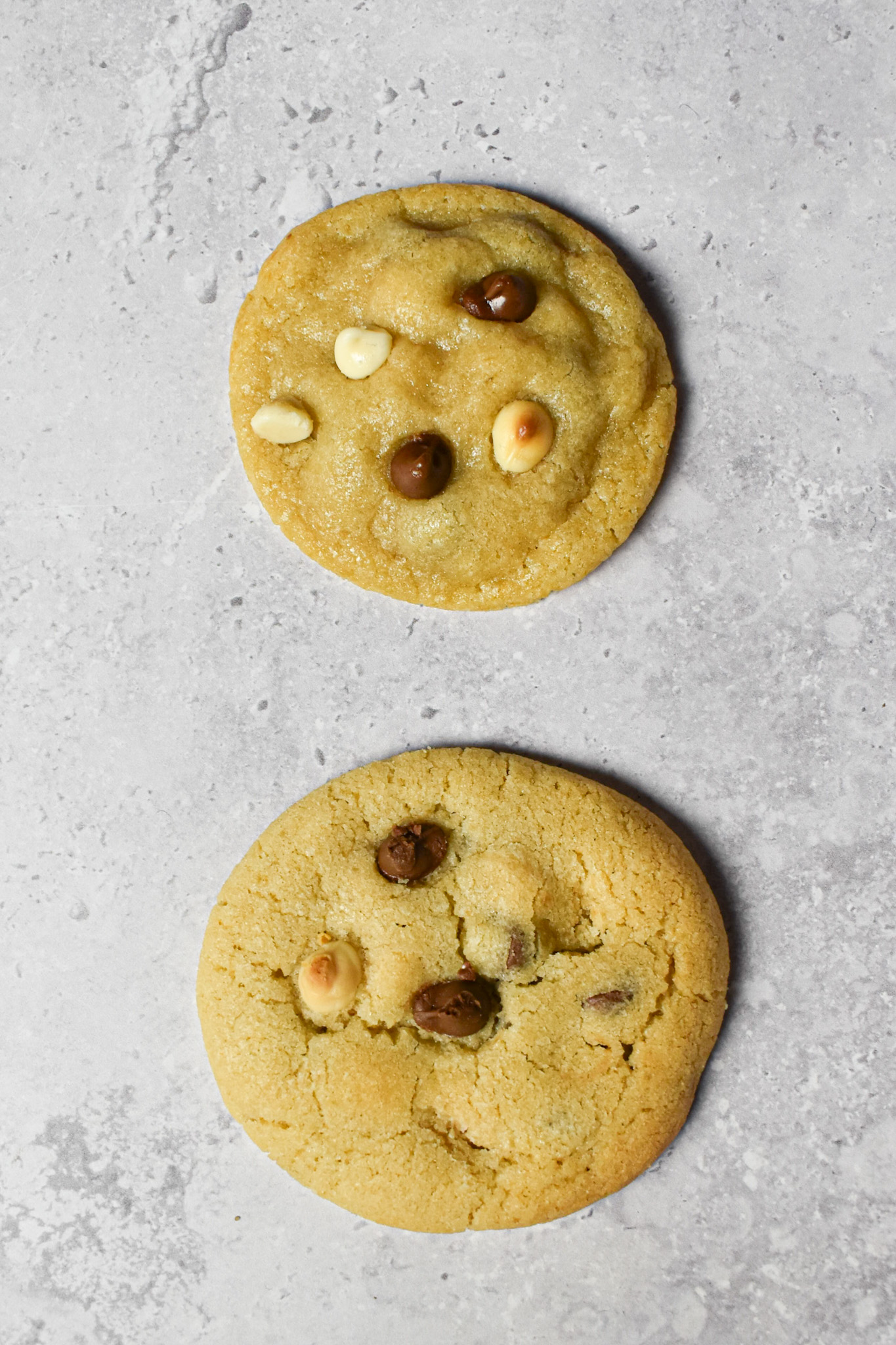 image showing the perfect cookie at the top and an over baked cookie below.